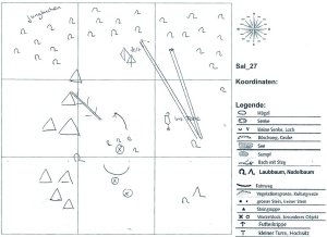 Abb 2a: Biologische Kartierung der Beprobungsorte; hier am Beispiel Saldenburg (490 m über NN). Fallenaufstellung an allen Eckpunkten der Quadranten. 
