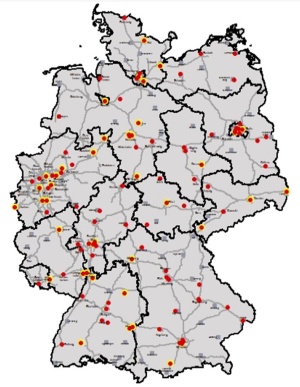Abb. 1: Das Traumanetzwerk der Deutschen Gesellschaft für Unfallchirurgie (DGU) in Deutschland mit den ca. 110 Kliniken derMaximalversorgung