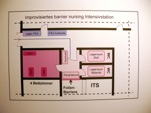 Abb. 7b: improvisiertes "barrier nursing" Intensievstation EinsLz KFOR
