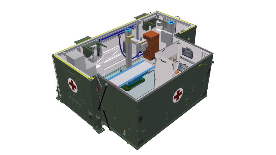 Eine Grafik des Röntgen-Containers. Aufgebaut wie eine Röntgenstation im...
