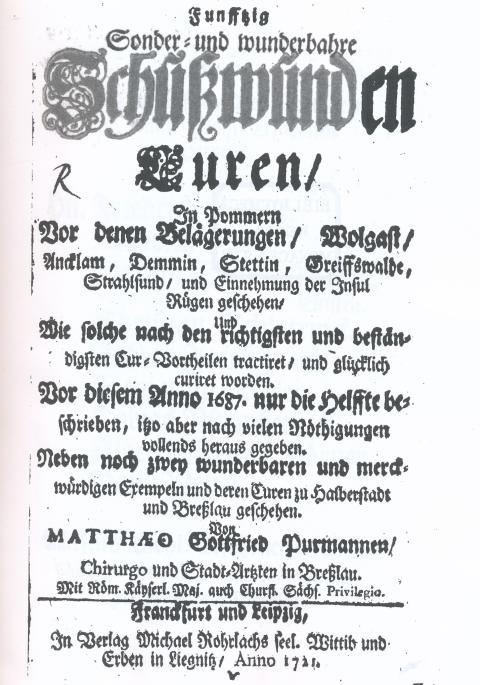 Titelblatt „Funffzig Sonder- und wunderbahre Schußwunden Curen“ (1721)