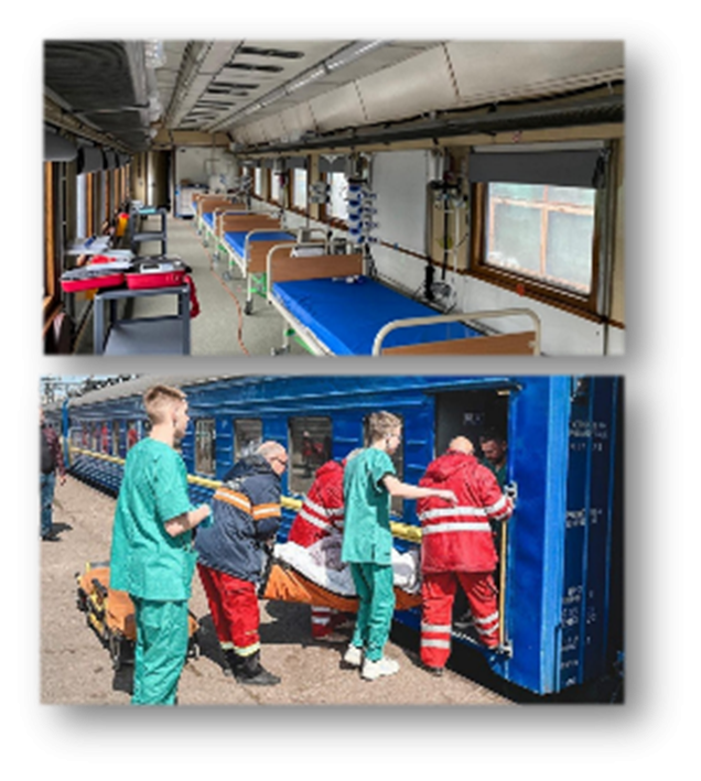 Ukrainischer Großraumverwundetentransport per Zug
